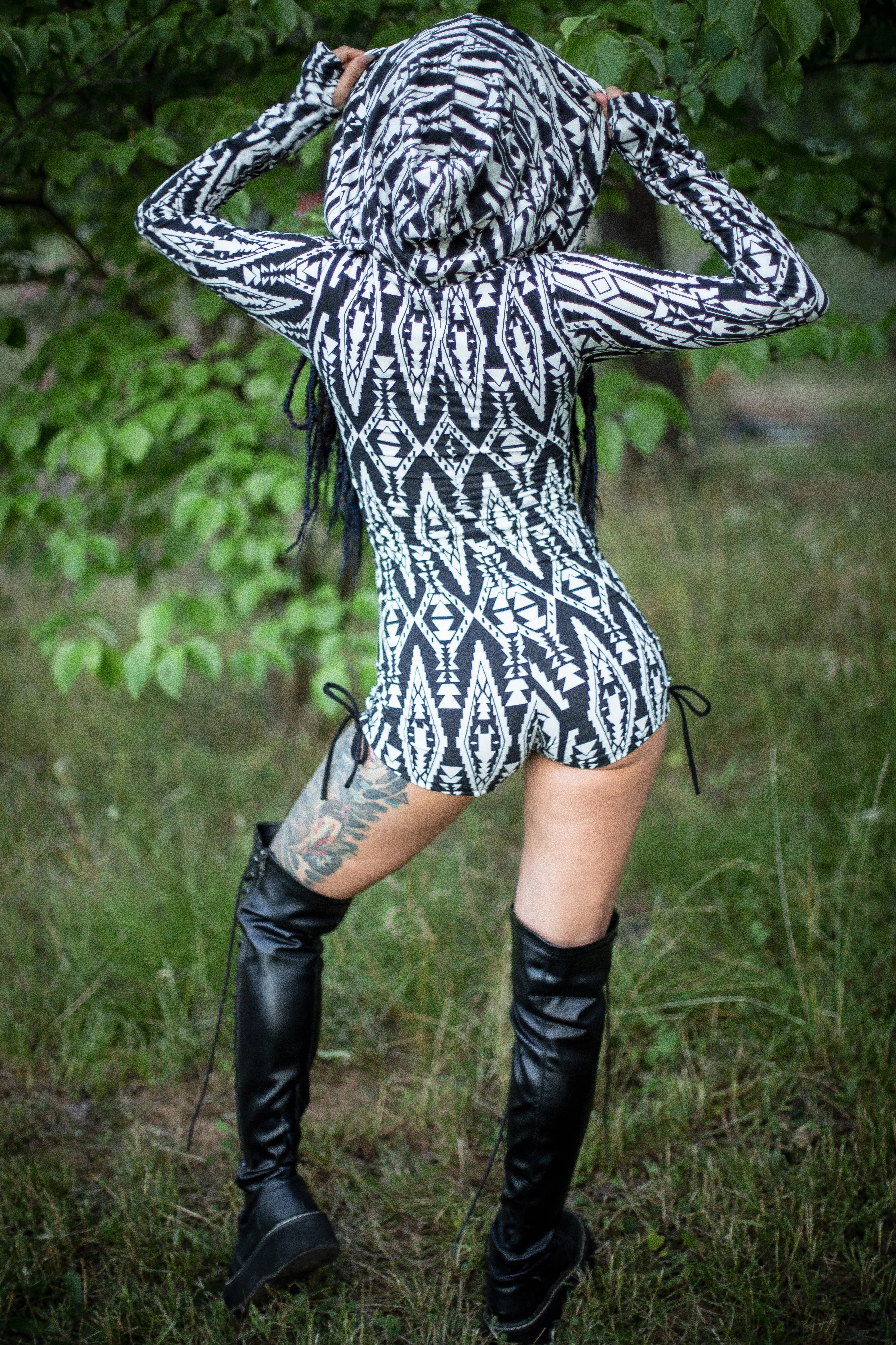 Gemini Hooded Romper - Black and White Tribal