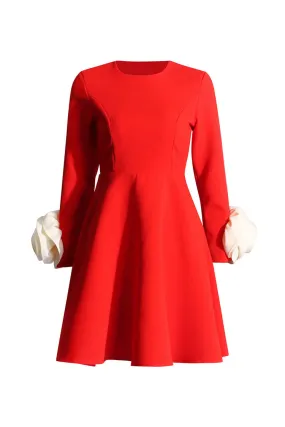 Glamorous Crew Neck Rosette Trim Long Sleeve Fit & Flare Party Mini Dress