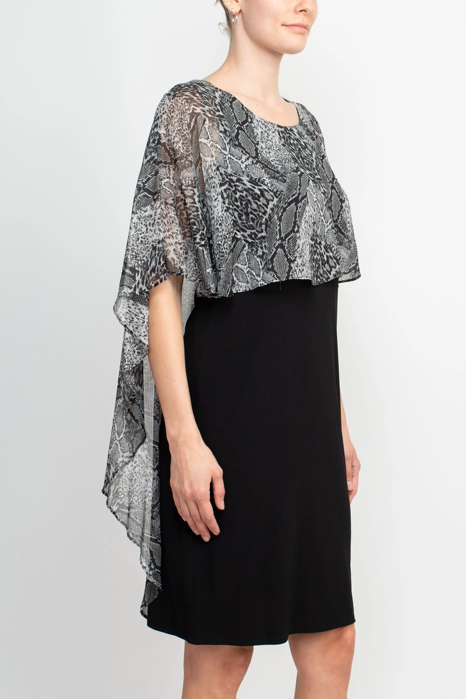 Glamour Nights Scoop Neck Animal Print Chiffon Cape Short Sleeve ITY Dress