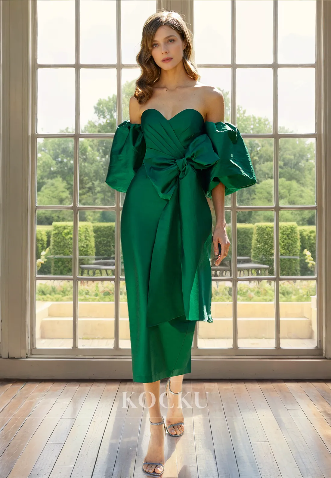 Gorgeous & Charming Puff Sleeves Sheath Off-Shoulder Cocktail Mother of the Bride Dress