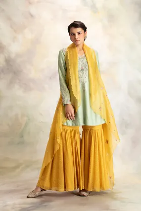 Graceful Aqua Embroidered Short Kurti With Sharara & Cape