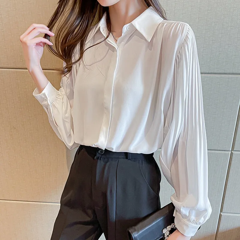 Graduation Gifts Pleated Sleeves Chiffon Blouse OL Lantern Sleeves White Shirts Blouse Women Plus Size Single-Breasted Top Shirts 2XL