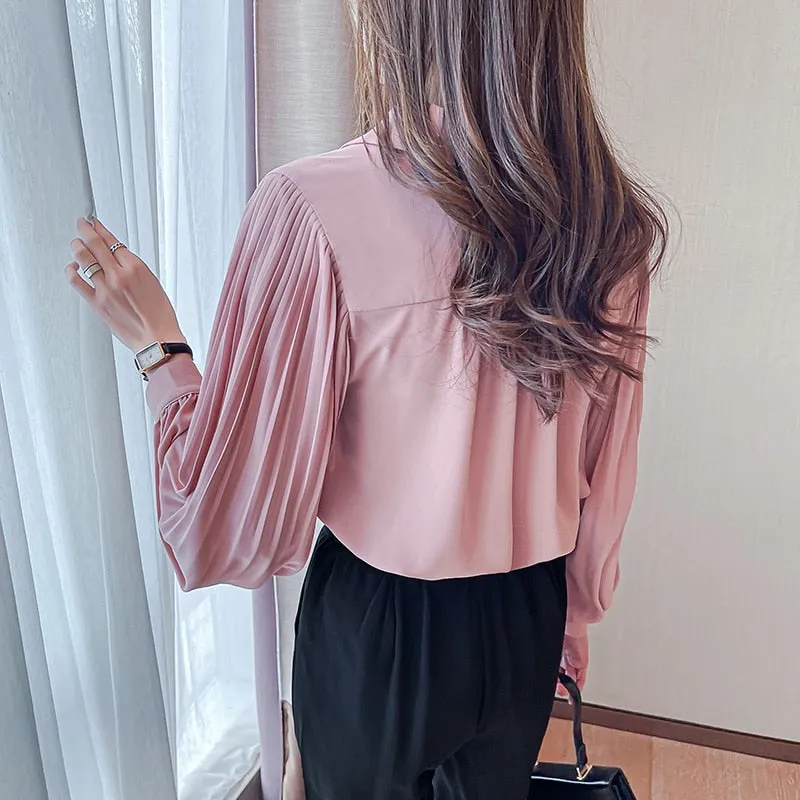 Graduation Gifts Pleated Sleeves Chiffon Blouse OL Lantern Sleeves White Shirts Blouse Women Plus Size Single-Breasted Top Shirts 2XL