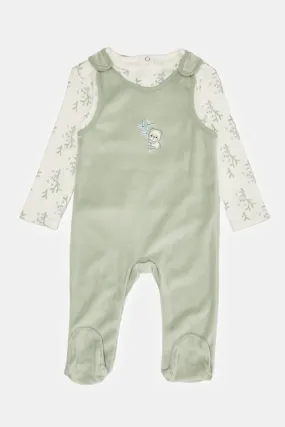 Green And White Printed  Romper suit And T-shirt Set Of (2 Piece)