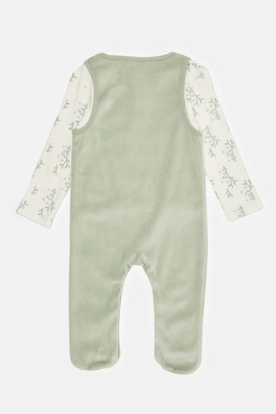 Green And White Printed  Romper suit And T-shirt Set Of (2 Piece)