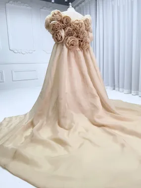 Handmade Flower Cape with Long Train Colored Wedding Dress Elegant Outfit Photo Shoot Gown YW240074