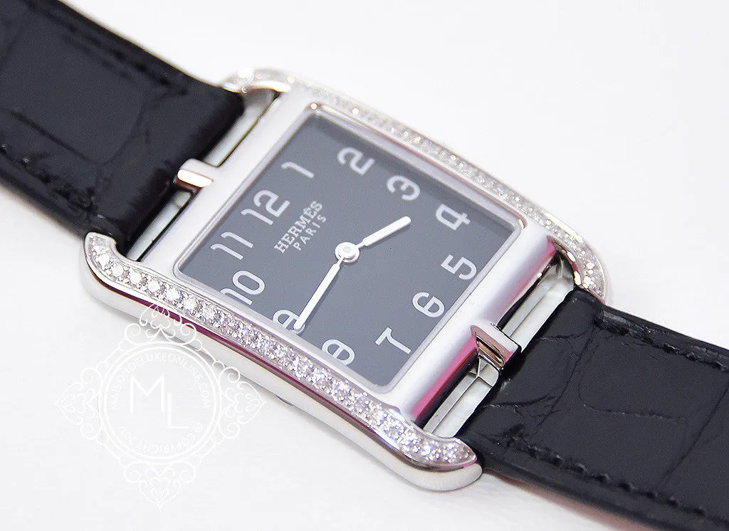 Hermes Diamond Cape Cod Onyx Crocodile Watch GM