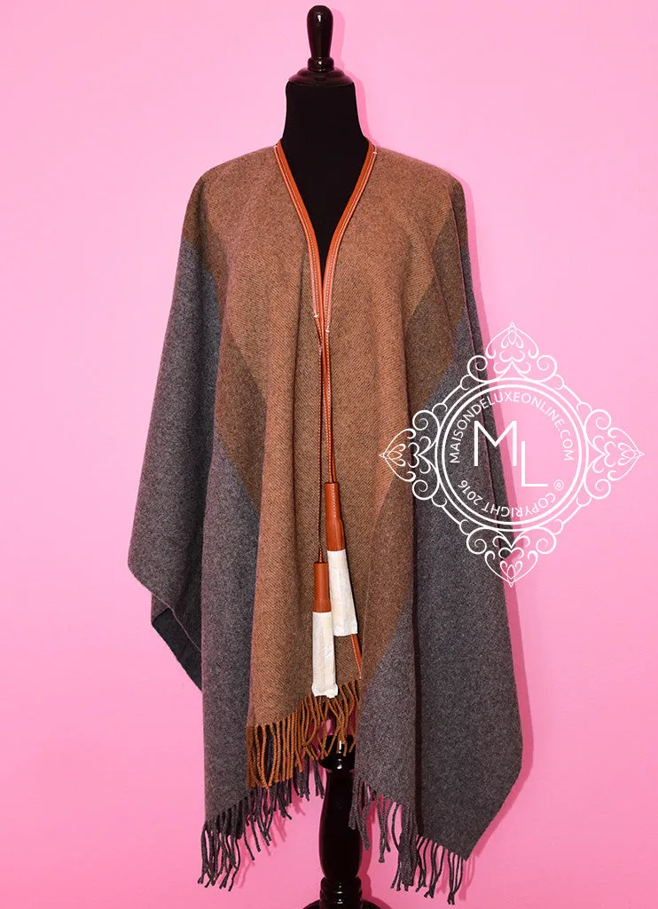 Hermes Gold Grey Rocabar Bivouac Poncho Cape Shawl Top