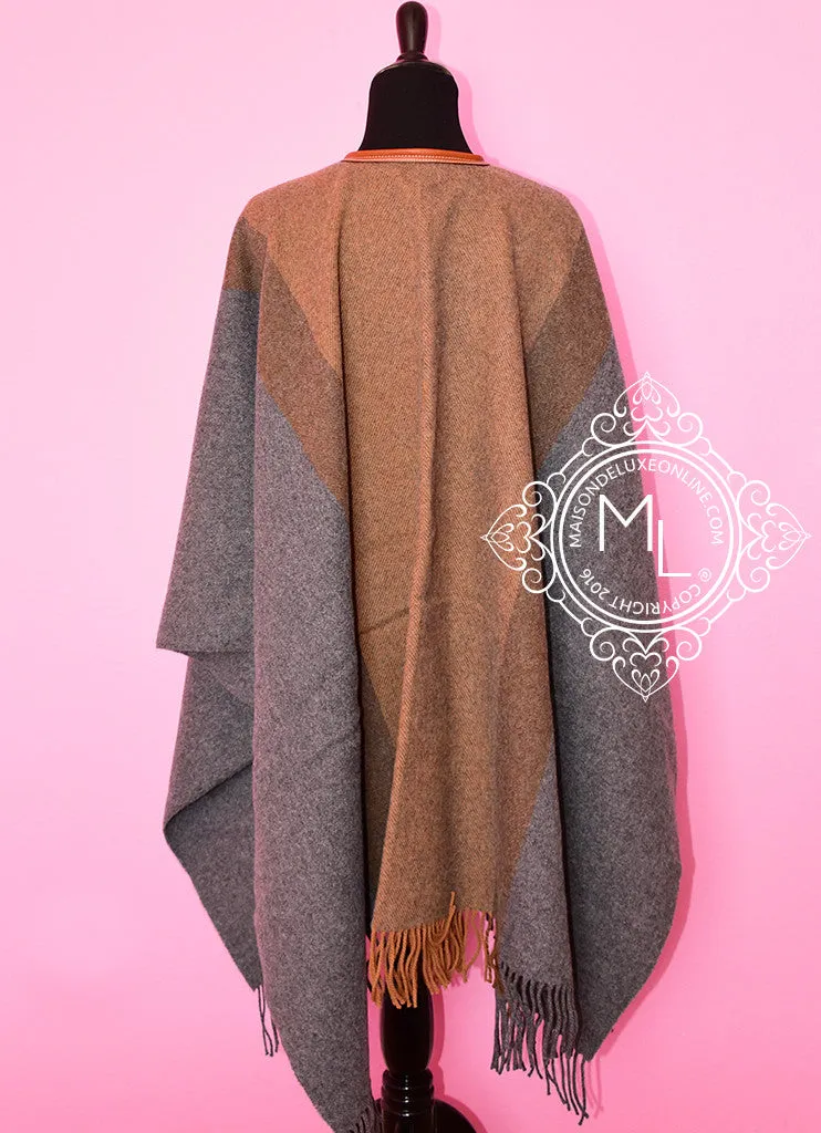 Hermes Gold Grey Rocabar Bivouac Poncho Cape Shawl Top