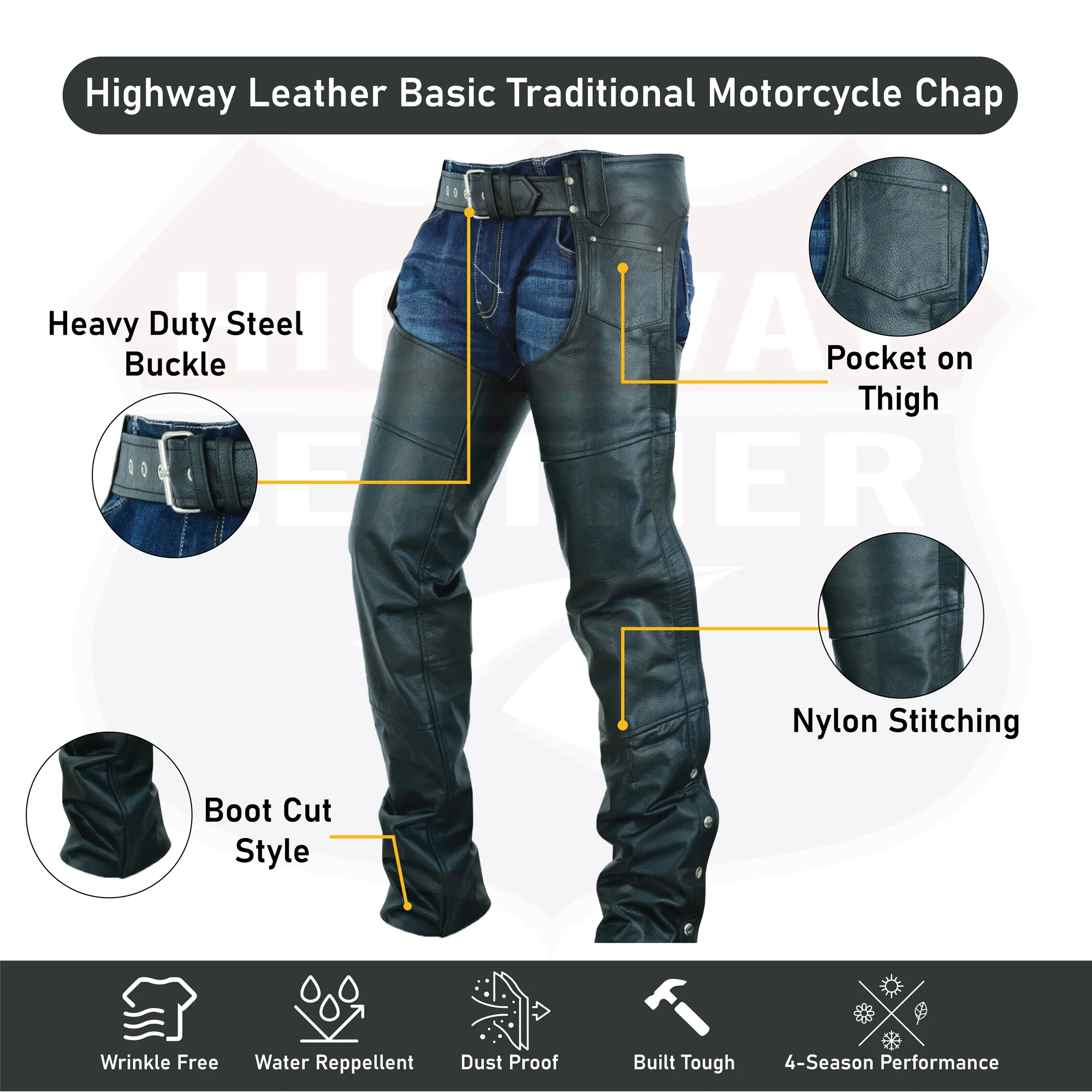 HL12800SPT Basic Classic BLACK Style Leather Motorcycle Chap for Motorcycle Riding Plain Easy Fit