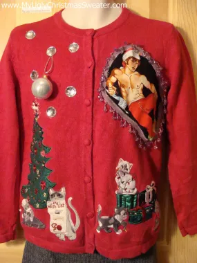 Hottie Guy Tacky Ugly Christmas Sweater Bling Fringe & 3D Ornaments (b2)