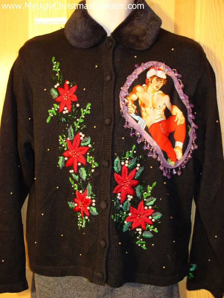 Hottie Guy Tacky Ugly Christmas Sweater Dangling Fringe & 3D Ornaments (b12)