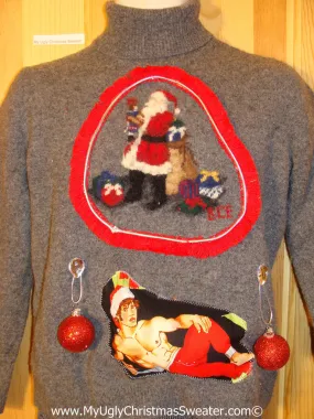 Hottie Guy Tacky Ugly Christmas Sweater Dangling Fringe & 3D Ornaments (b22)