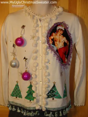 Hottie Guy Tacky Ugly Christmas Sweater Dangling Fringe & 3D Ornaments (b9)