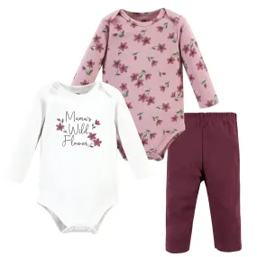 Hudson Baby Cotton Bodysuit and Pant Set, Plum Wildflower Long Sleeve