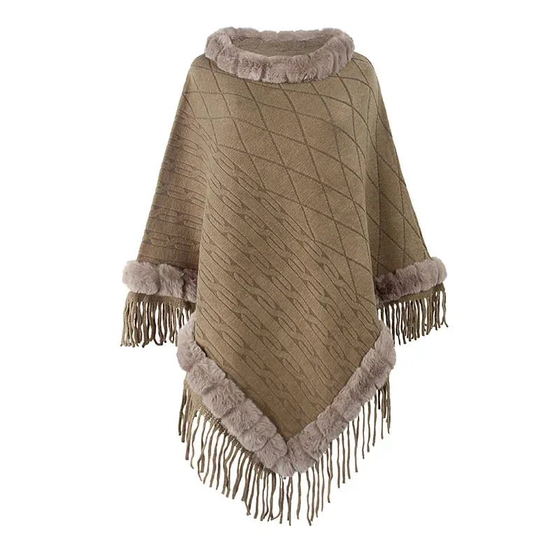 Imitation Cashmere Fur Cape Shawl Fashion Tassel  Pullover Poncho Sweaters