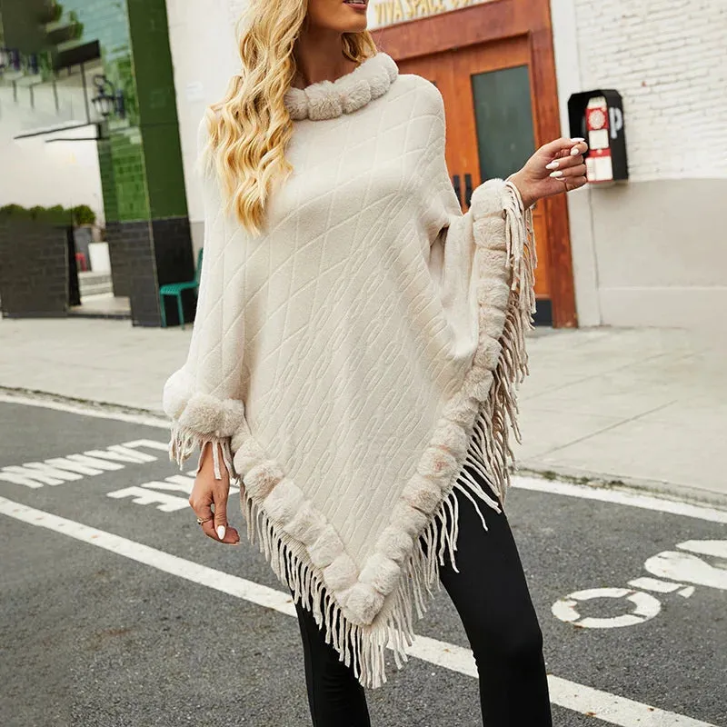 Imitation Cashmere Fur Cape Shawl Fashion Tassel  Pullover Poncho Sweaters