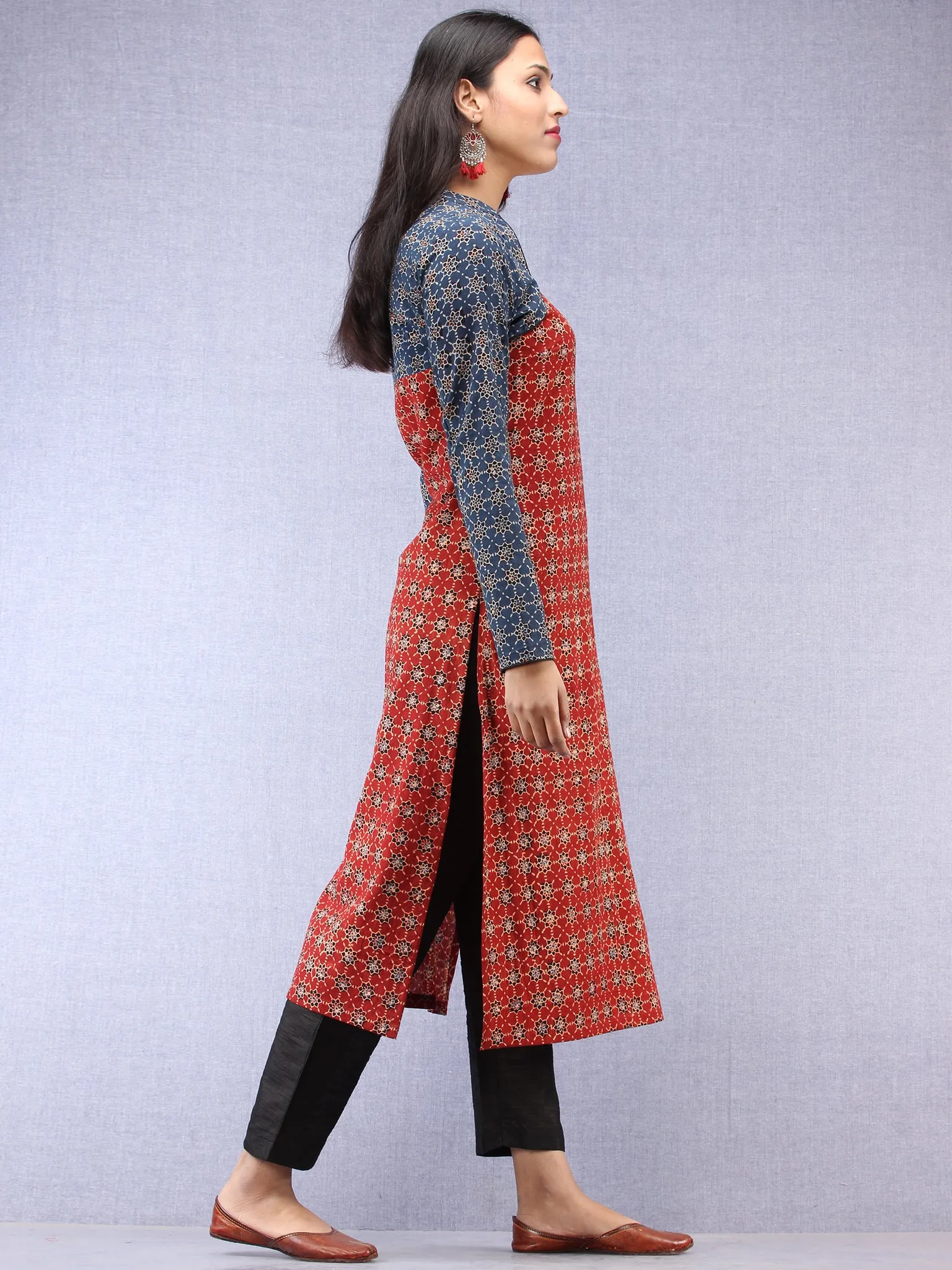 Indigo Red Ajrakh Hand Block Printed Cape Style Kurta  - K42F1622