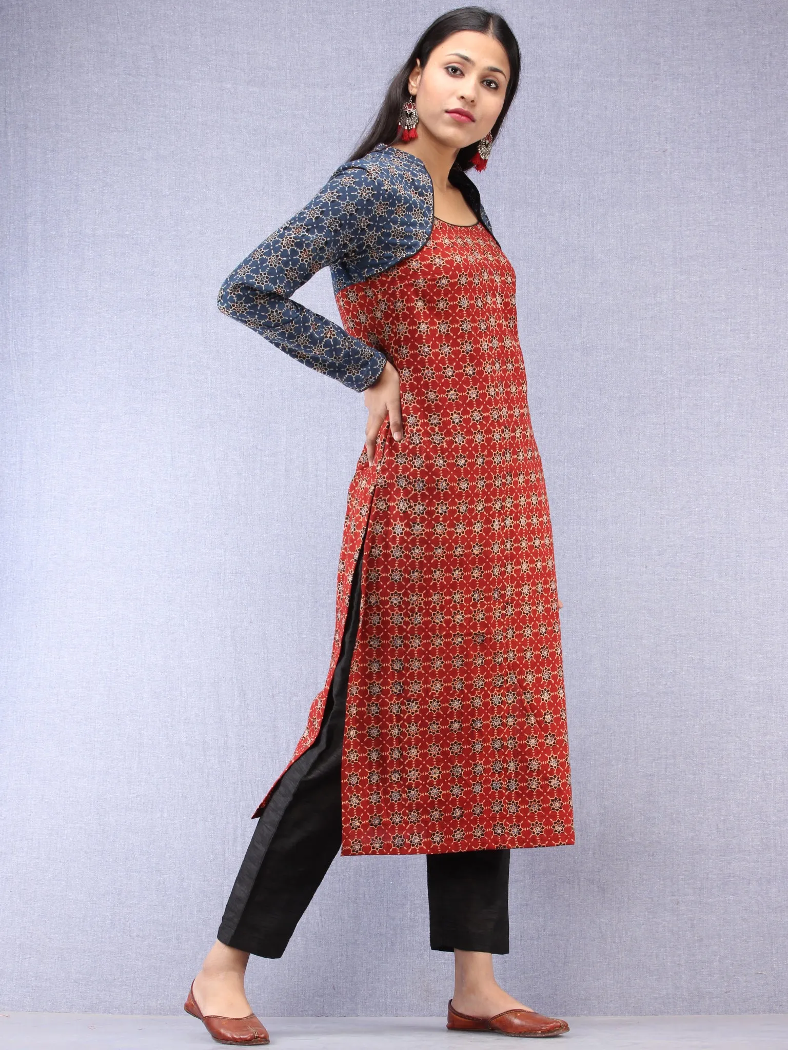 Indigo Red Ajrakh Hand Block Printed Cape Style Kurta  - K42F1622