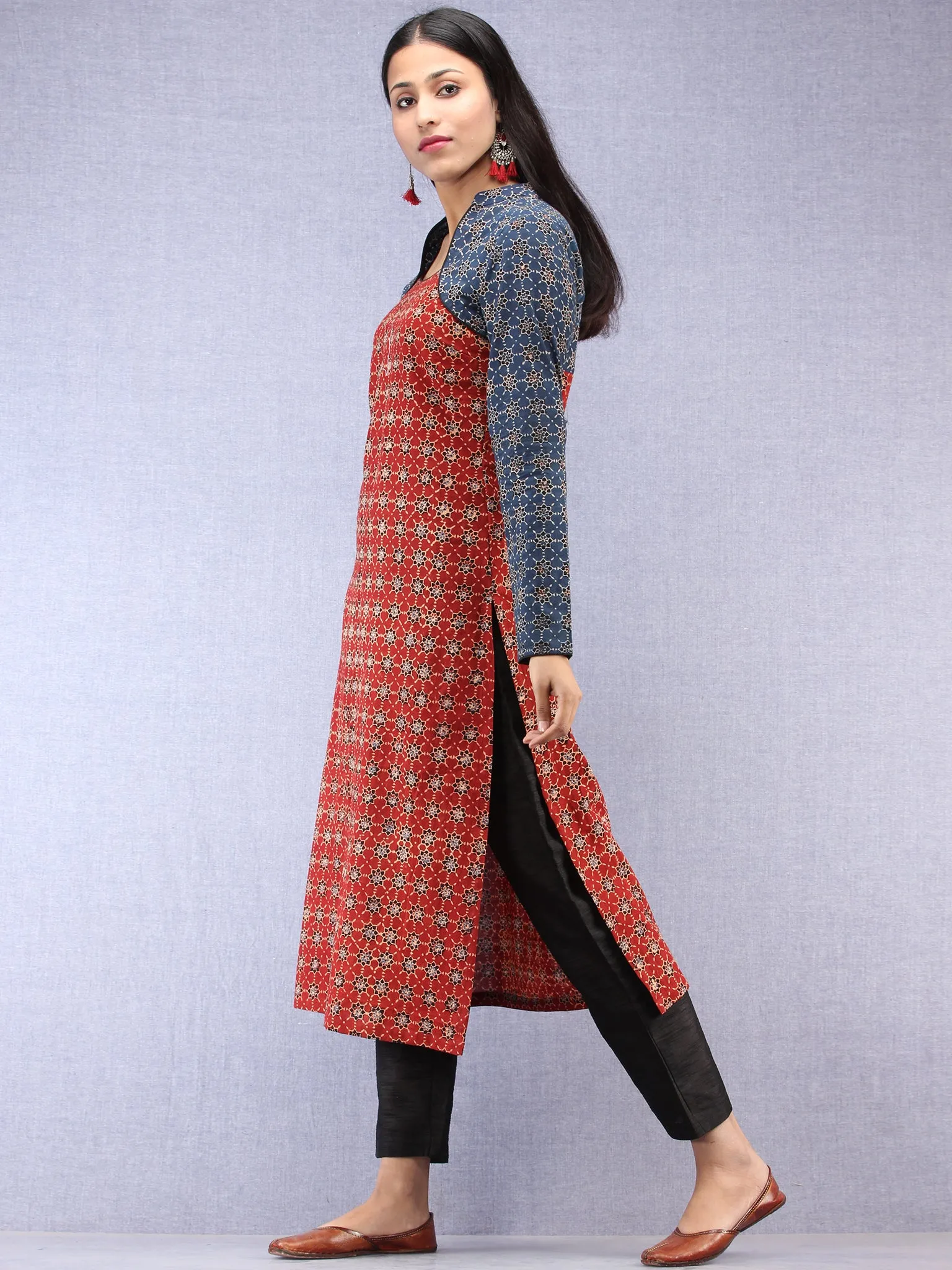 Indigo Red Ajrakh Hand Block Printed Cape Style Kurta  - K42F1622