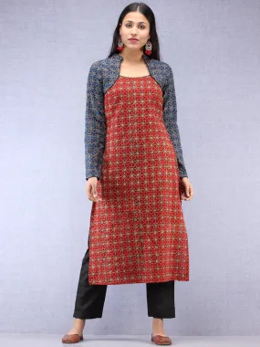 Indigo Red Ajrakh Hand Block Printed Cape Style Kurta  - K42F1622