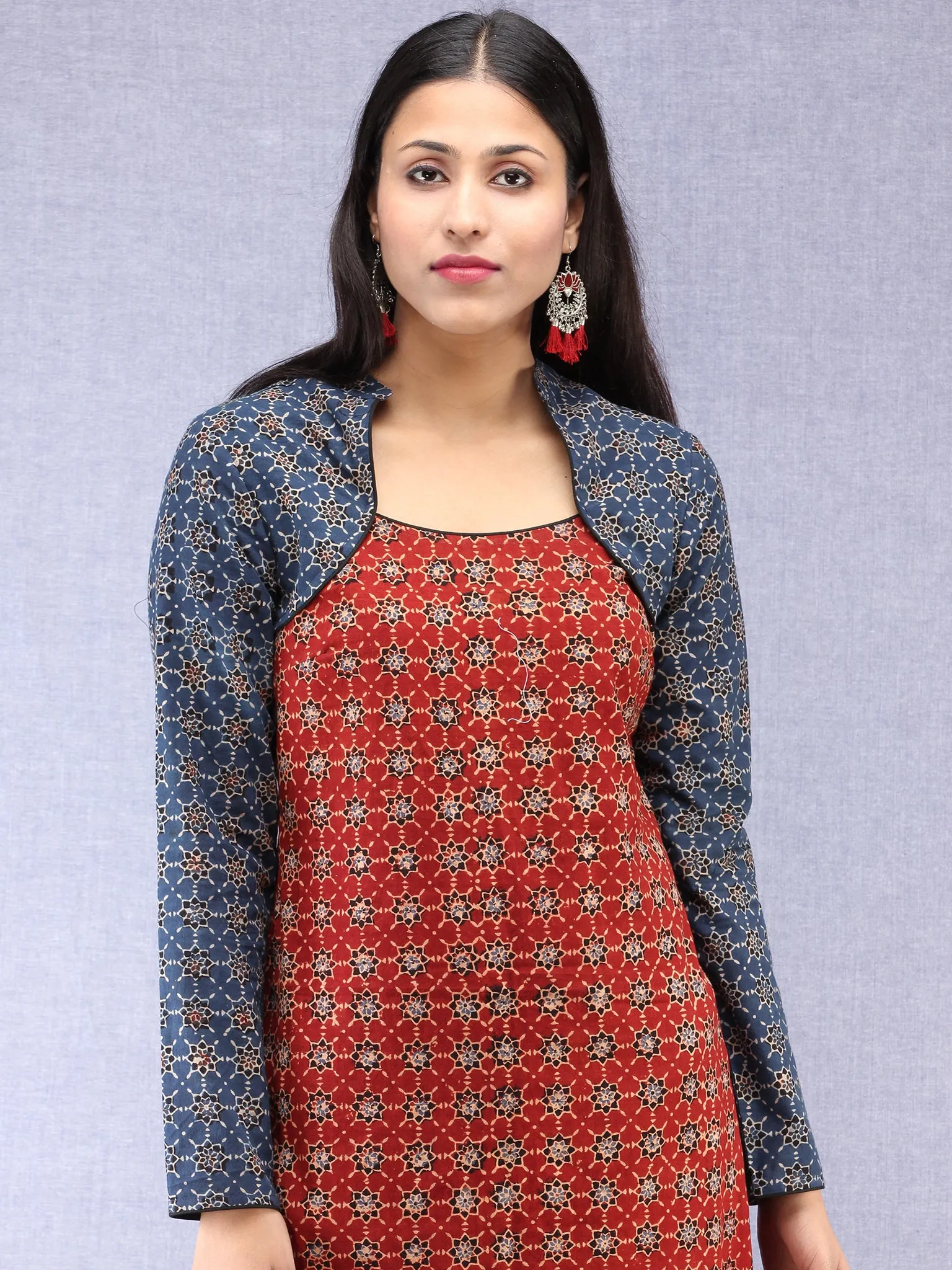 Indigo Red Ajrakh Hand Block Printed Cape Style Kurta  - K42F1622