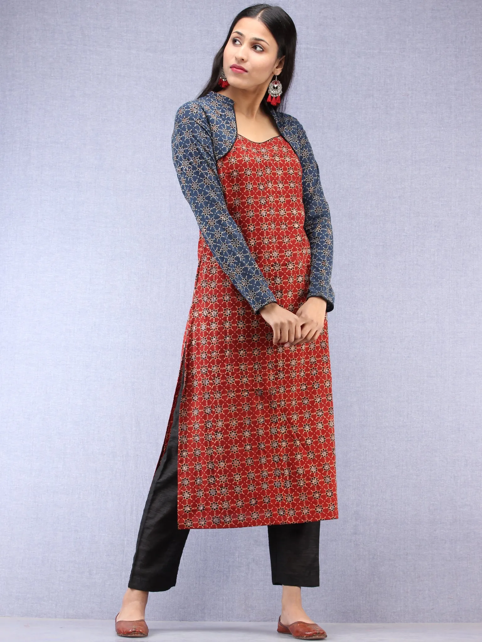 Indigo Red Ajrakh Hand Block Printed Cape Style Kurta  - K42F1622