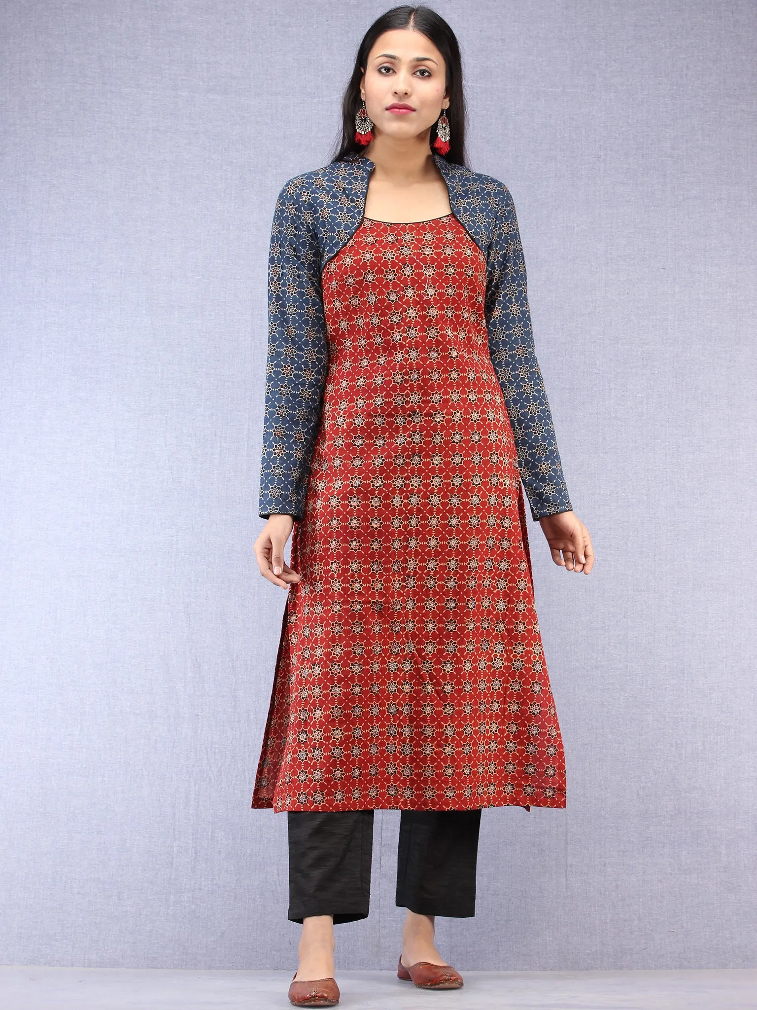 Indigo Red Ajrakh Hand Block Printed Cape Style Kurta  - K42F1622