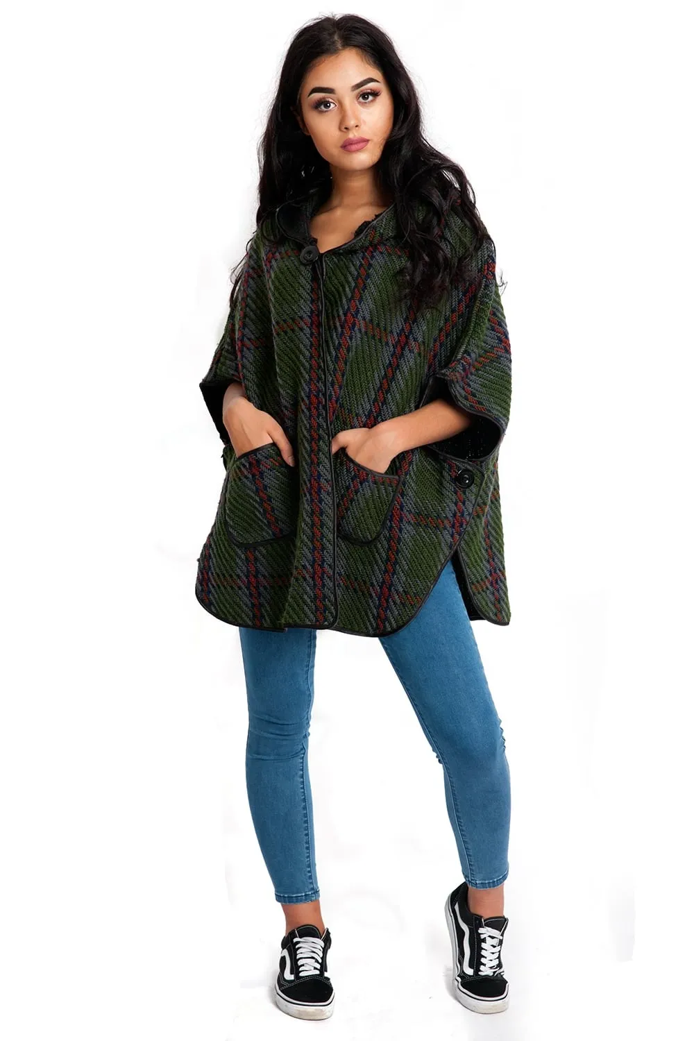 Knitted Checked Wool Mix Poncho Cardigan