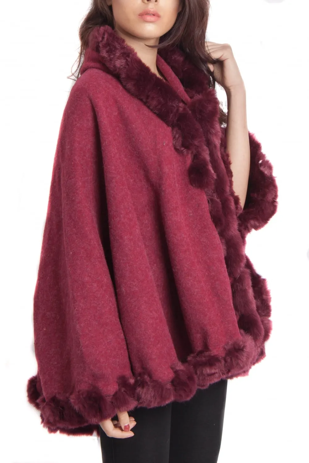 Knitted Soft Faux Fur Trim Poncho with Sleeves