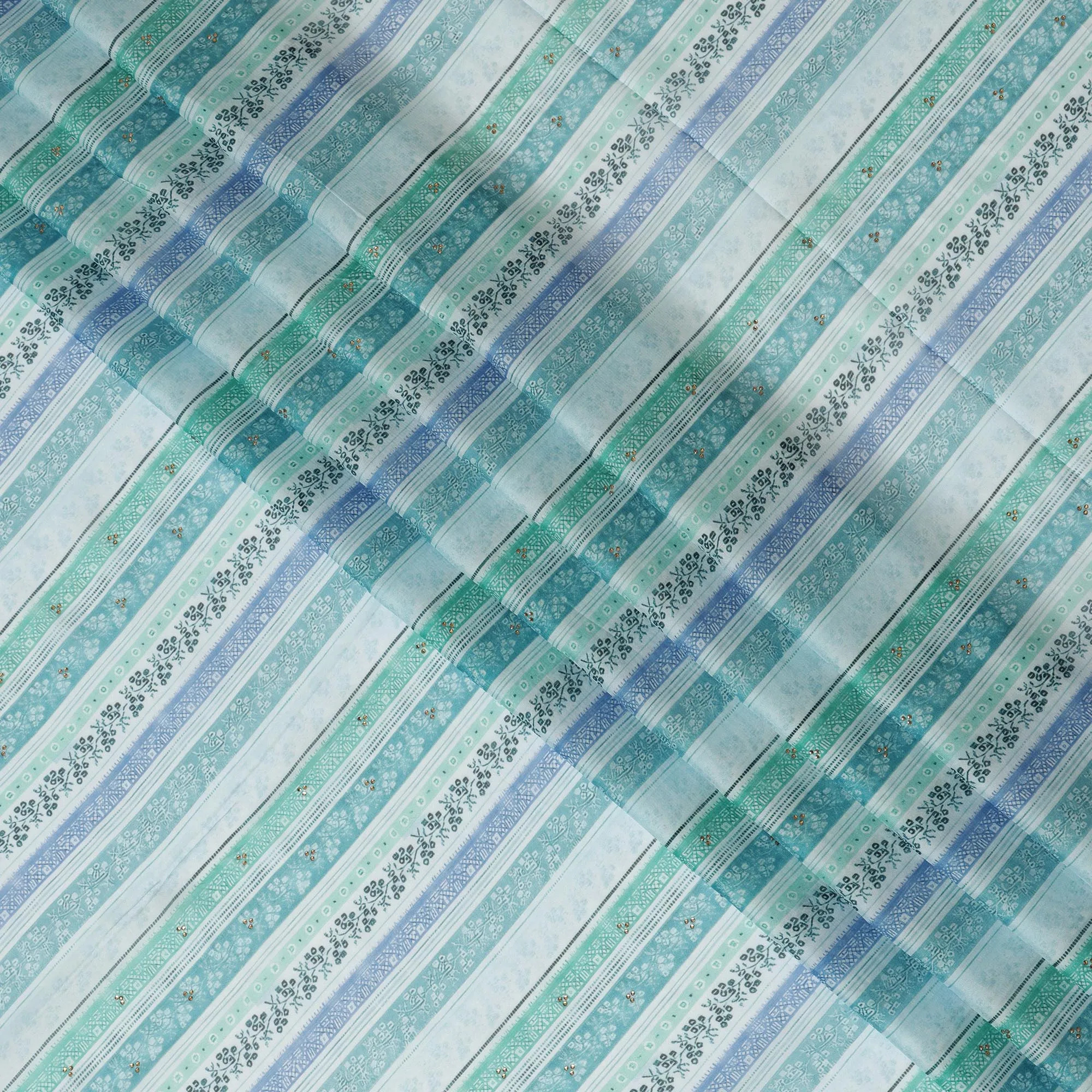 Light Blue and Green Striped Synthetic Viscose Fabric with Stone Work, 110 cm Width-D20580