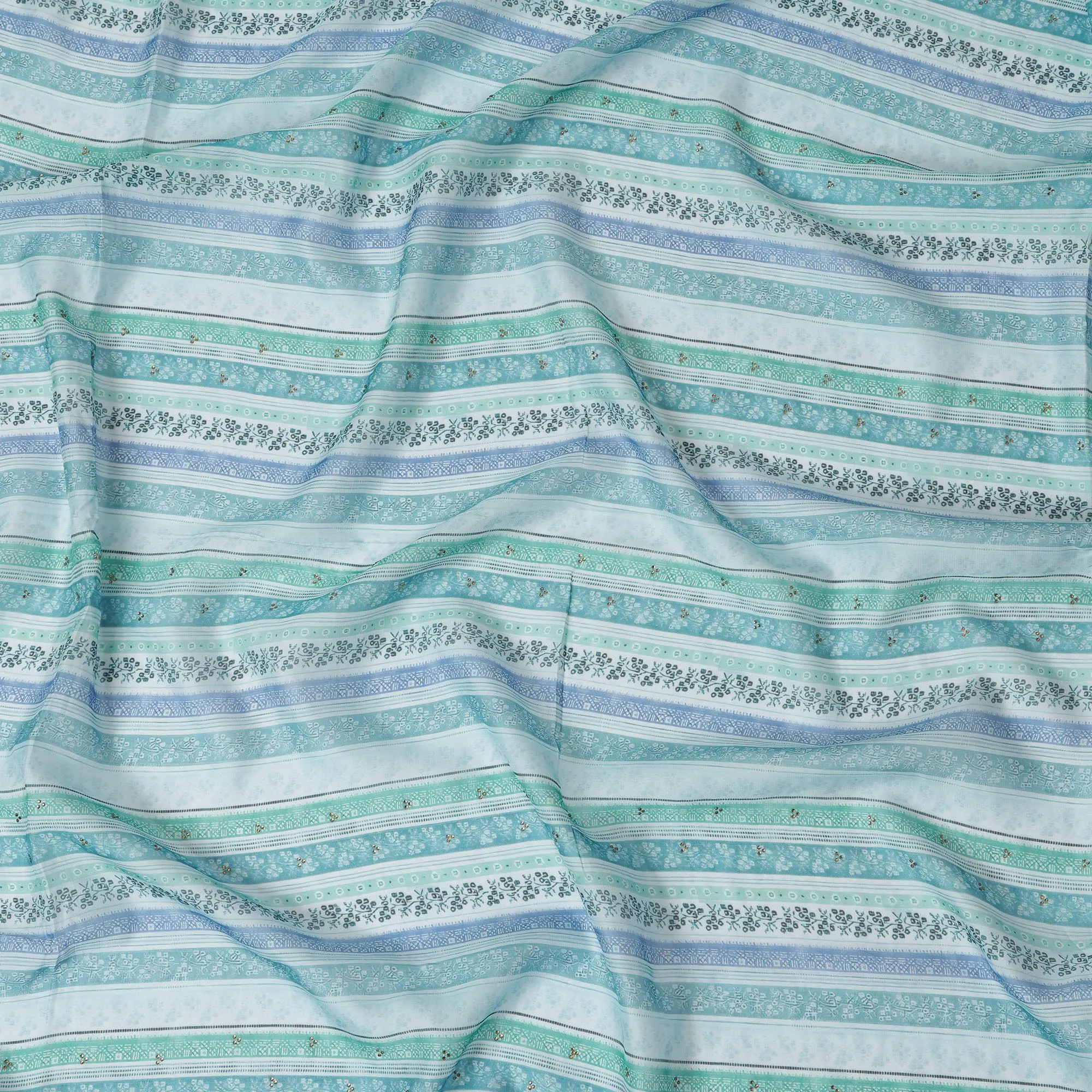 Light Blue and Green Striped Synthetic Viscose Fabric with Stone Work, 110 cm Width-D20580