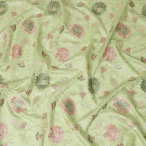 Light Green Synthetic Viscose Fabric with Pink and Gold Floral Embroidery, 110 cm Width-D20575