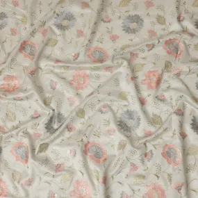 Light Grey Synthetic Viscose Fabric with Coral and Silver Floral Embroidery, 110 cm Width-D20574