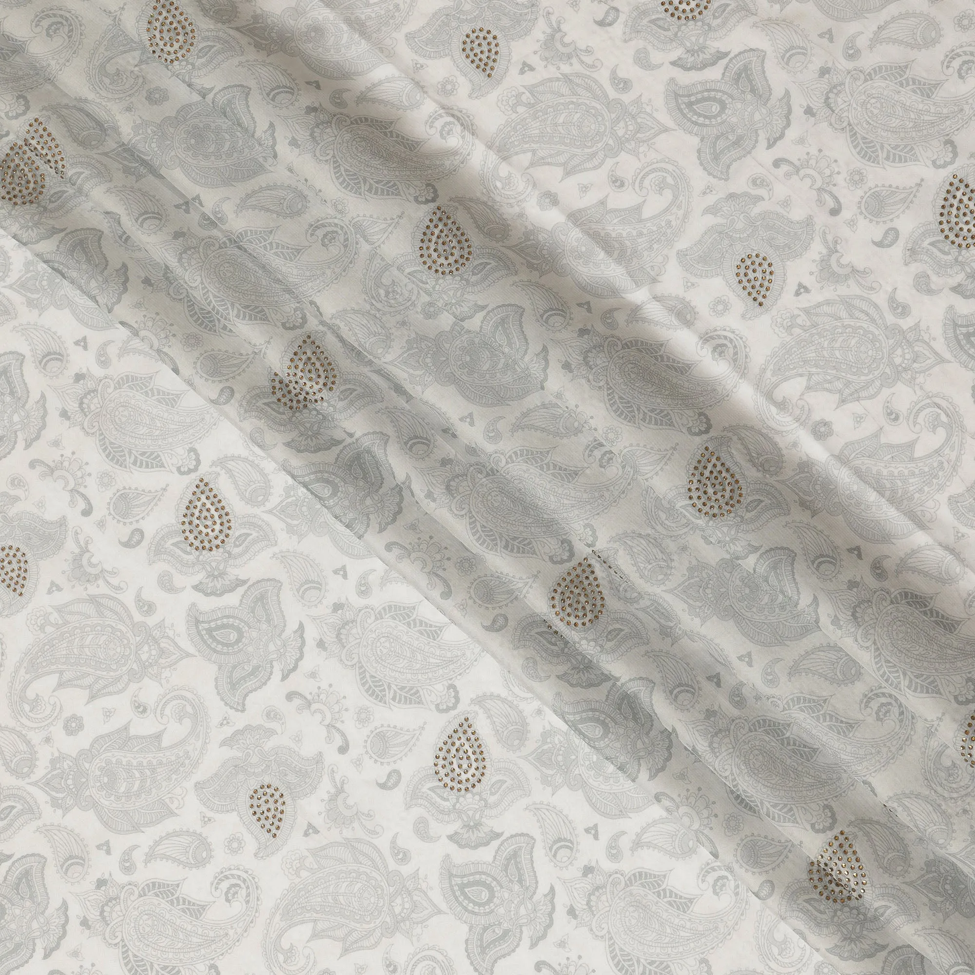 Light Grey Synthetic Viscose Fabric with Silver Paisley and Stone Work, 110 cm Width-D20576