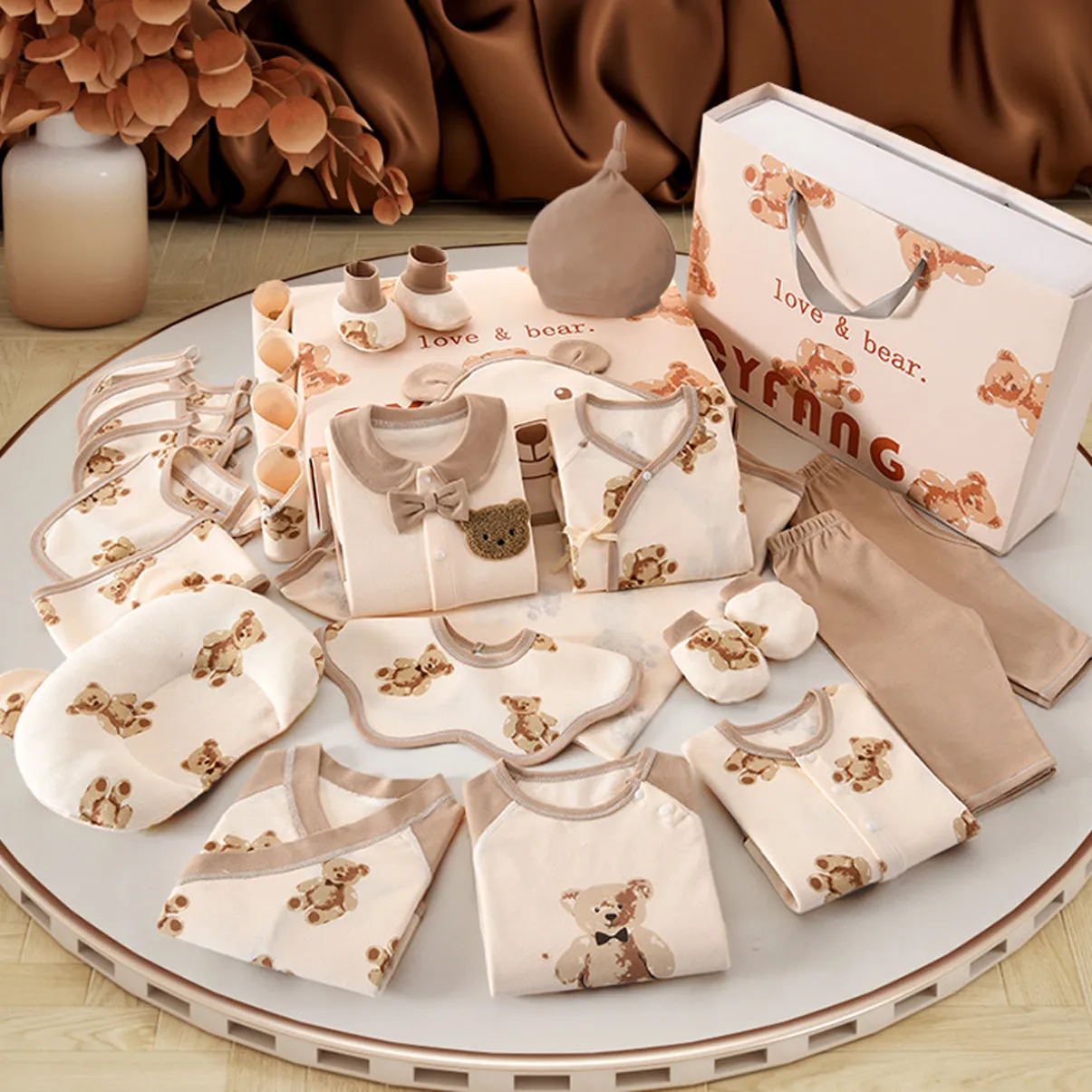 Little Surprise Box 26pcs Cream & Brown Teddy Love, New born Baby Girl/Boy Gift Hamper Box, (0-6months)