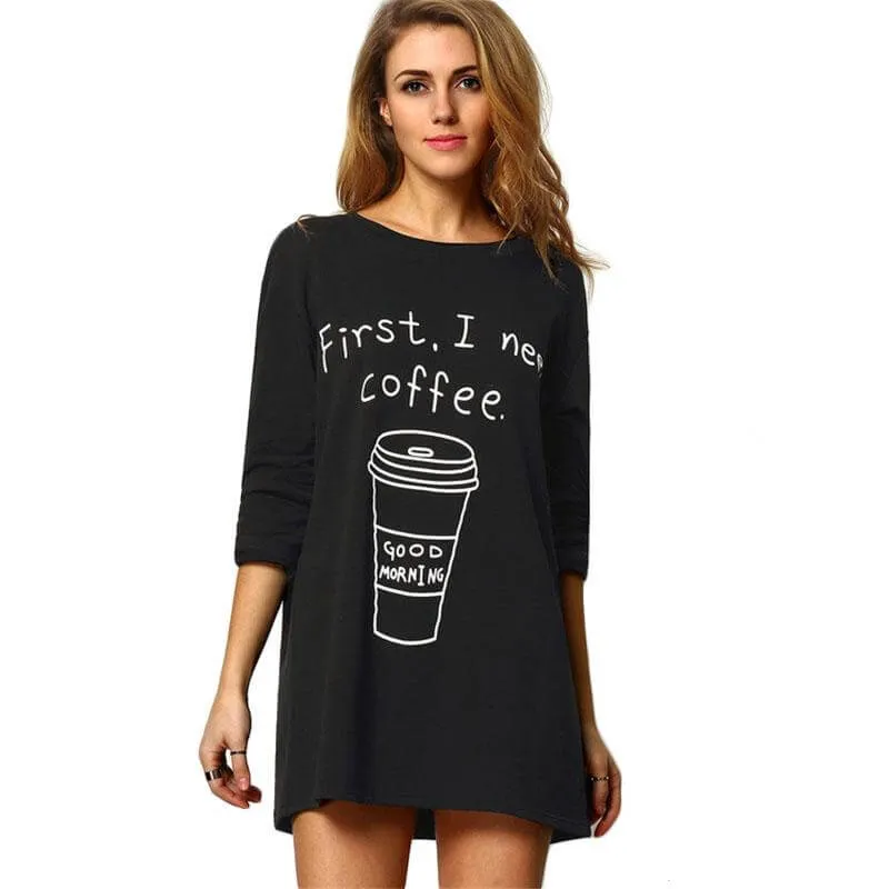 Long Sleeve Coffee Print Long T-shirt