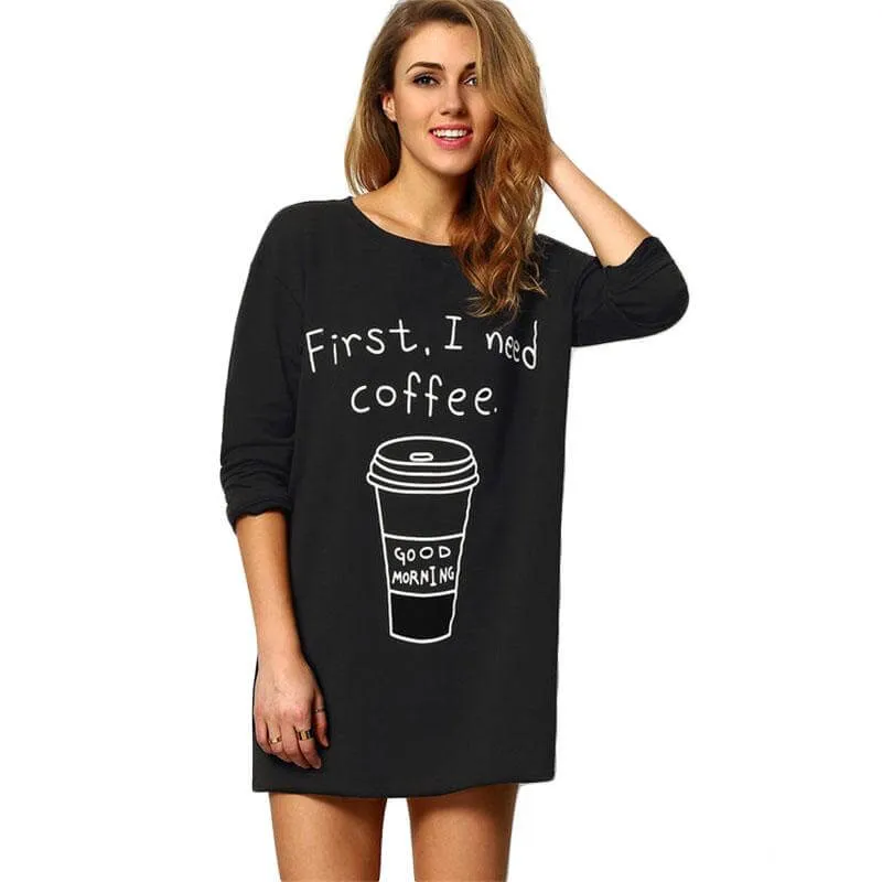 Long Sleeve Coffee Print Long T-shirt