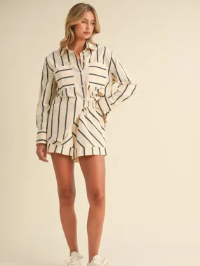 Long Sleeve Striped Button Down Shorts Set