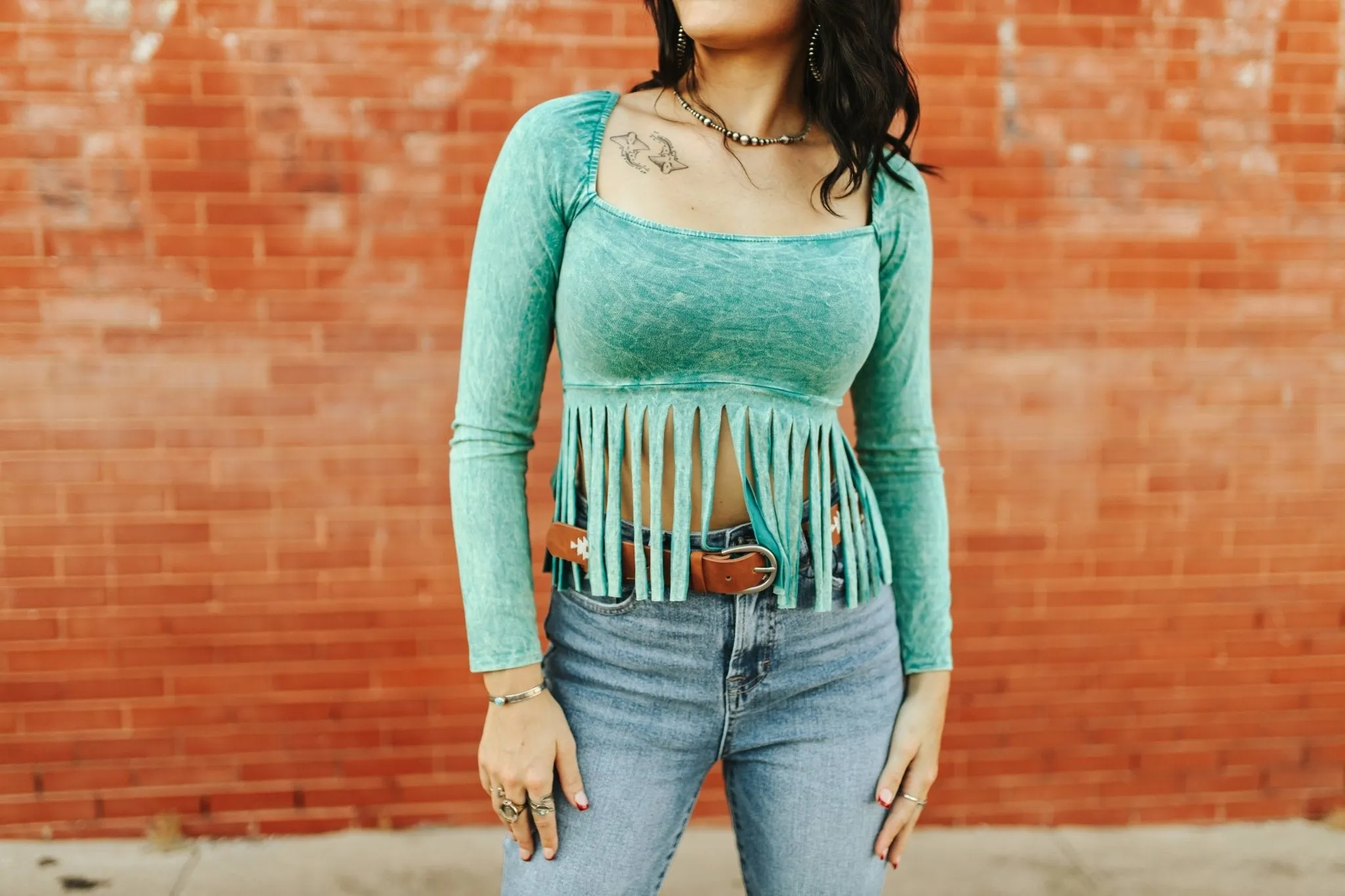 Long Sleeve Teal Fringe Top