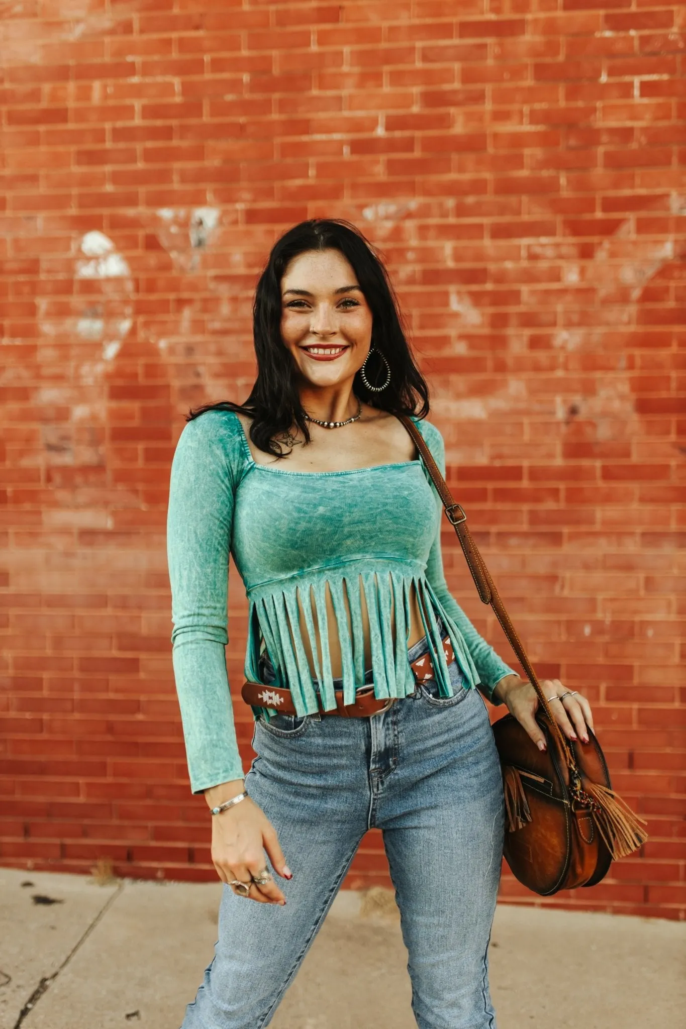 Long Sleeve Teal Fringe Top