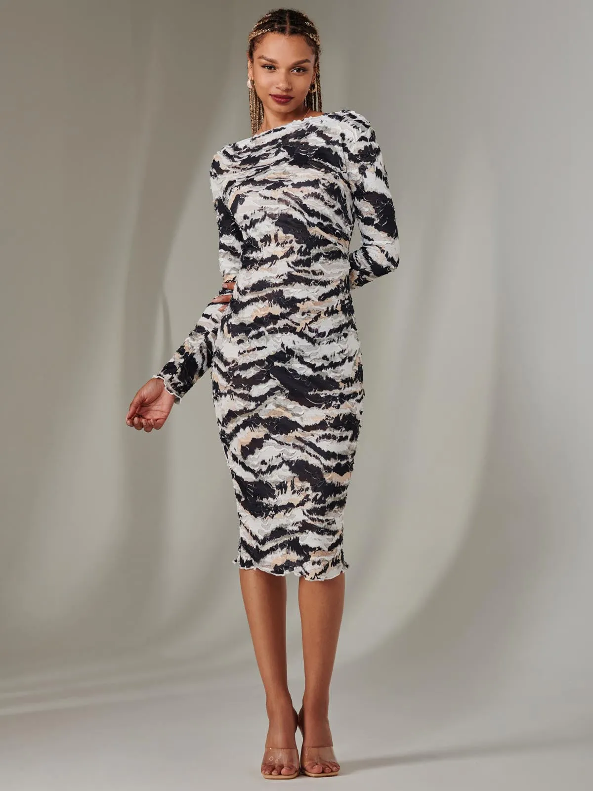 Long Sleeve Textured Midi Dress, Black Abstract