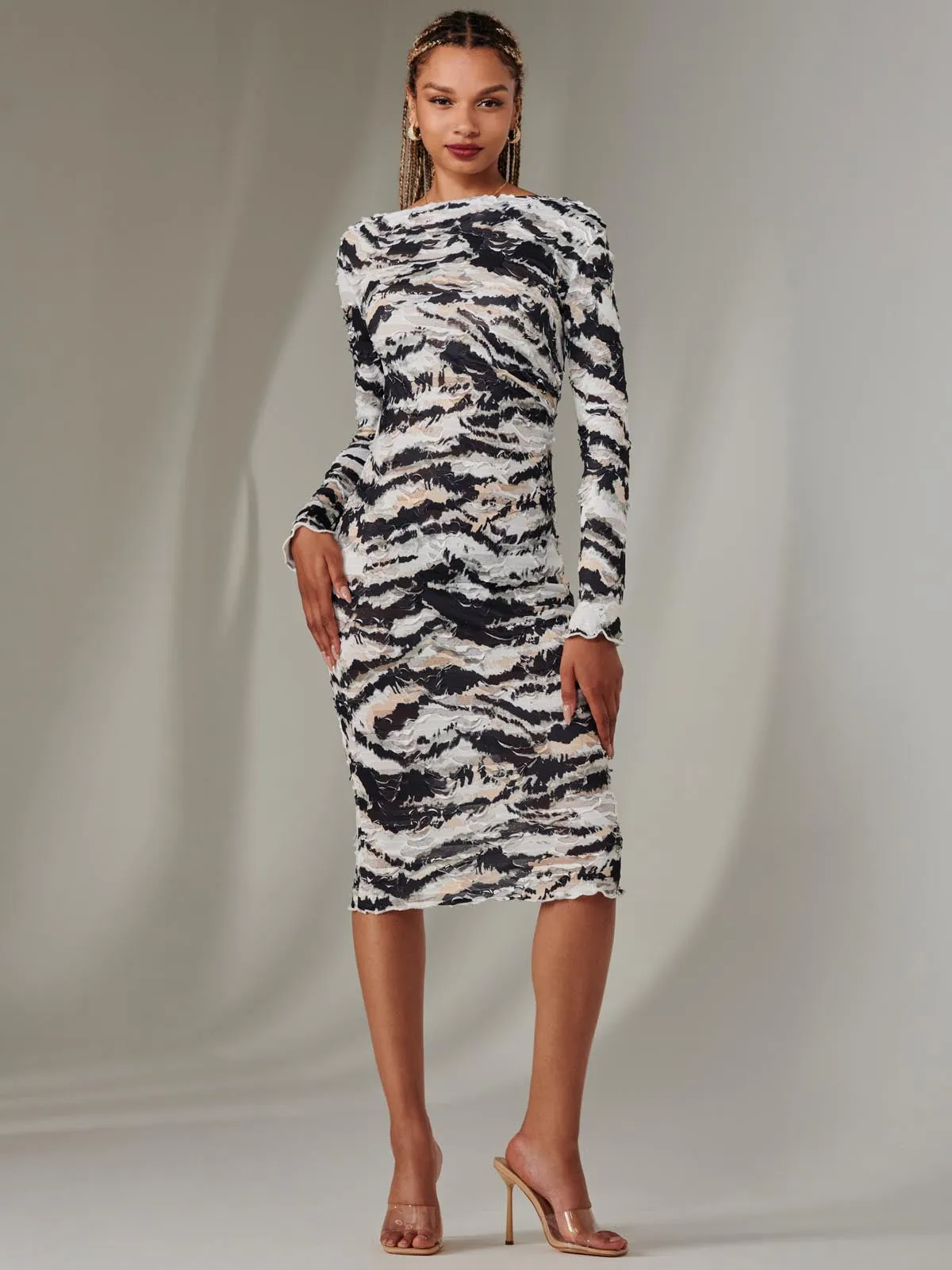 Long Sleeve Textured Midi Dress, Black Abstract