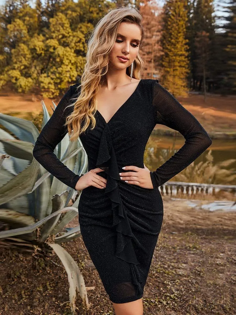 Long Sleeves Ruffle Bodice Cocktail Dress