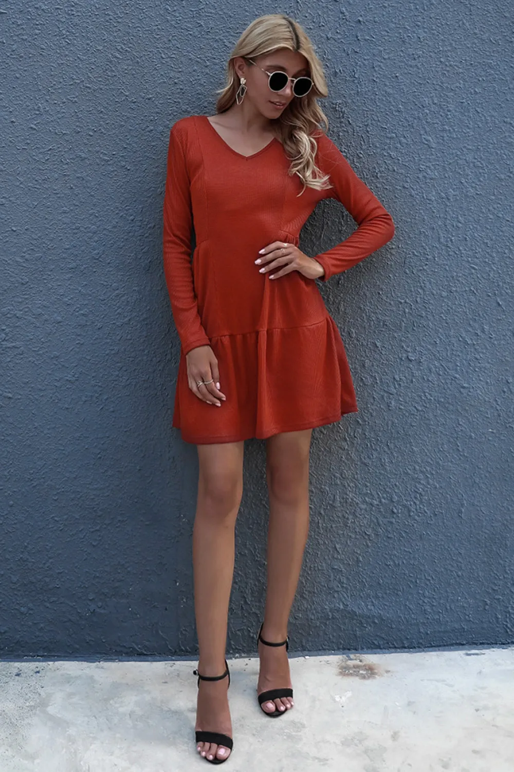 Loose V-neck Long Sleeve Dress