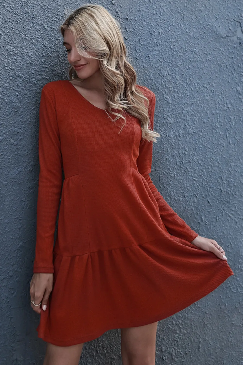 Loose V-neck Long Sleeve Dress