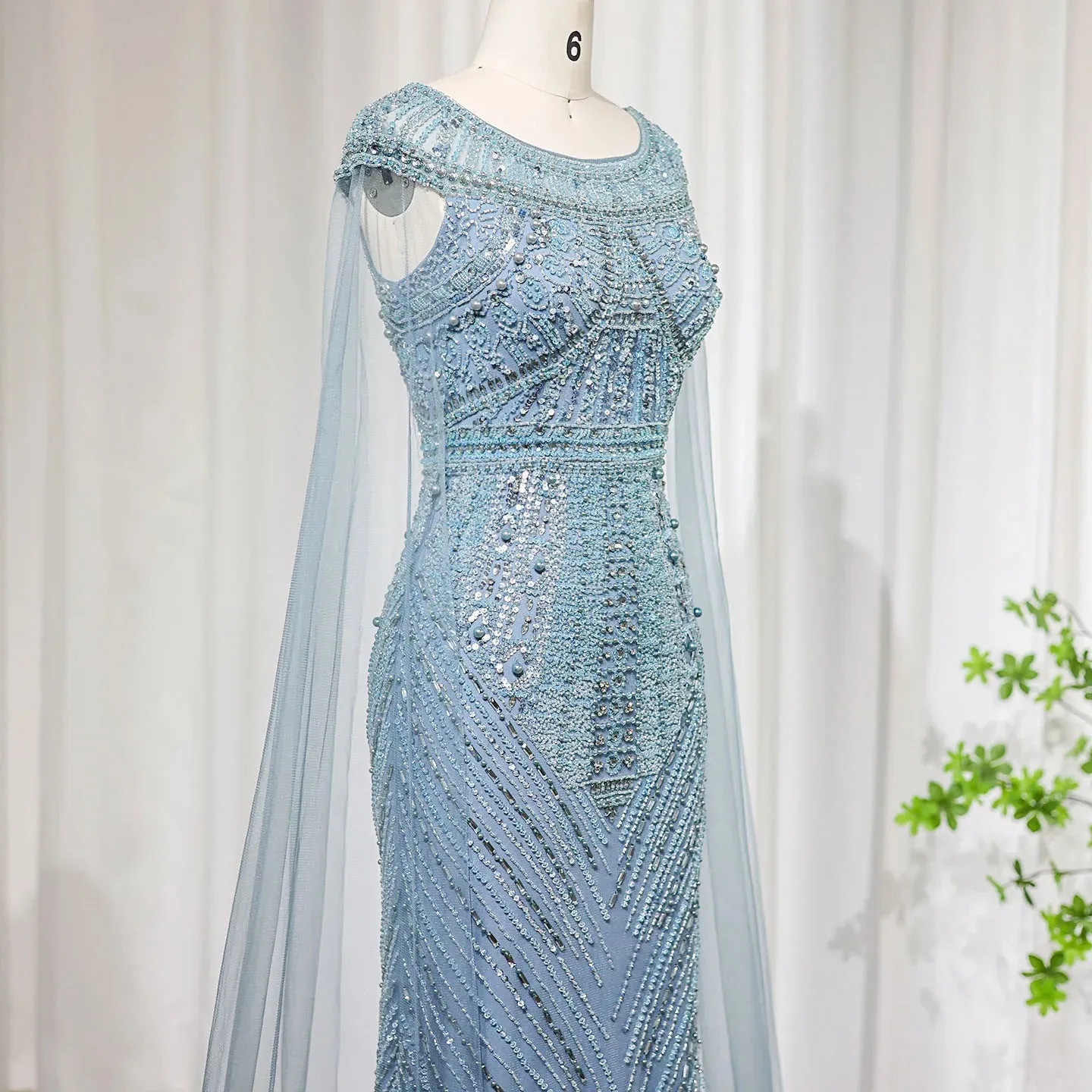 Luxury Beaded Floor-Length Dress with Long Cape Sleeves