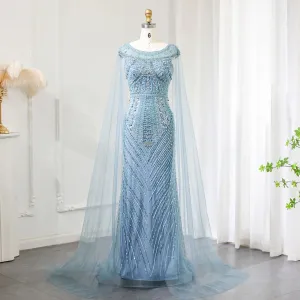 Luxury Beaded Floor-Length Dress with Long Cape Sleeves