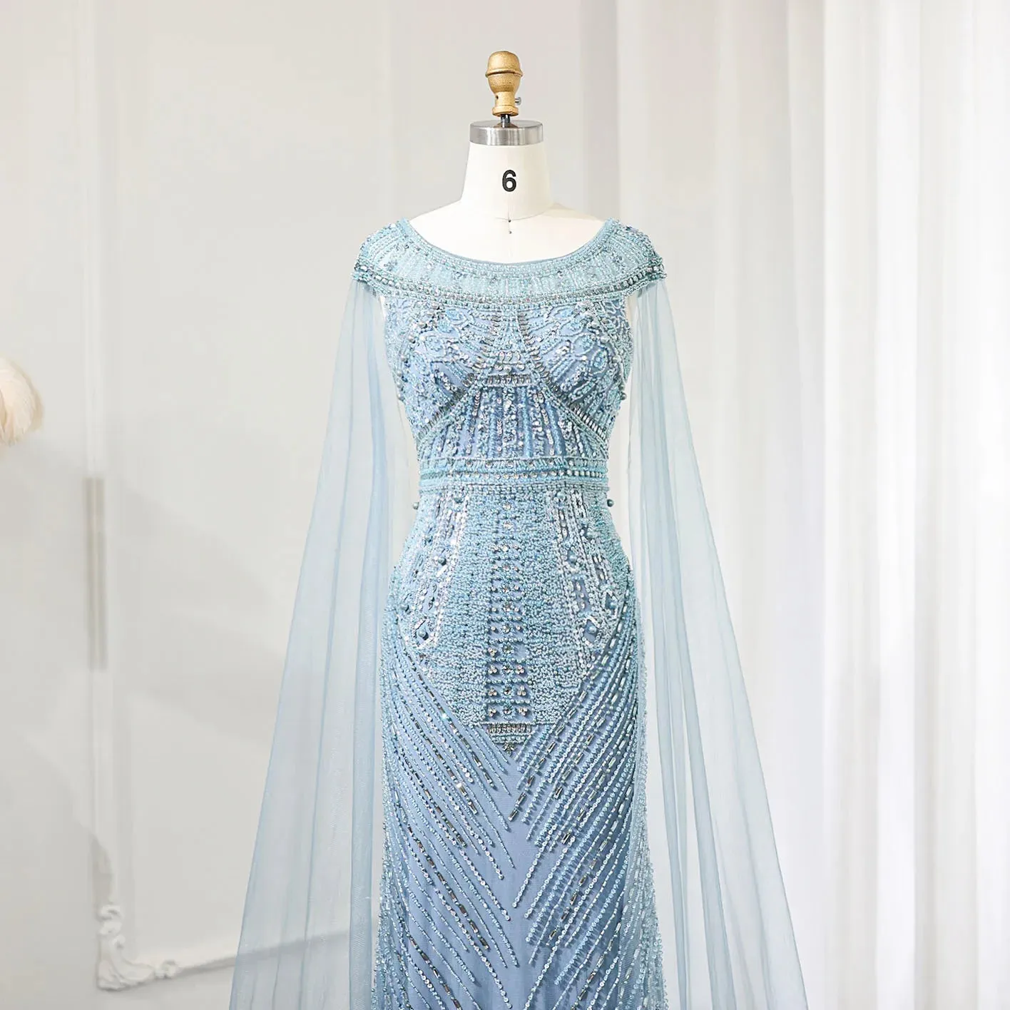 Luxury Beaded Floor-Length Dress with Long Cape Sleeves