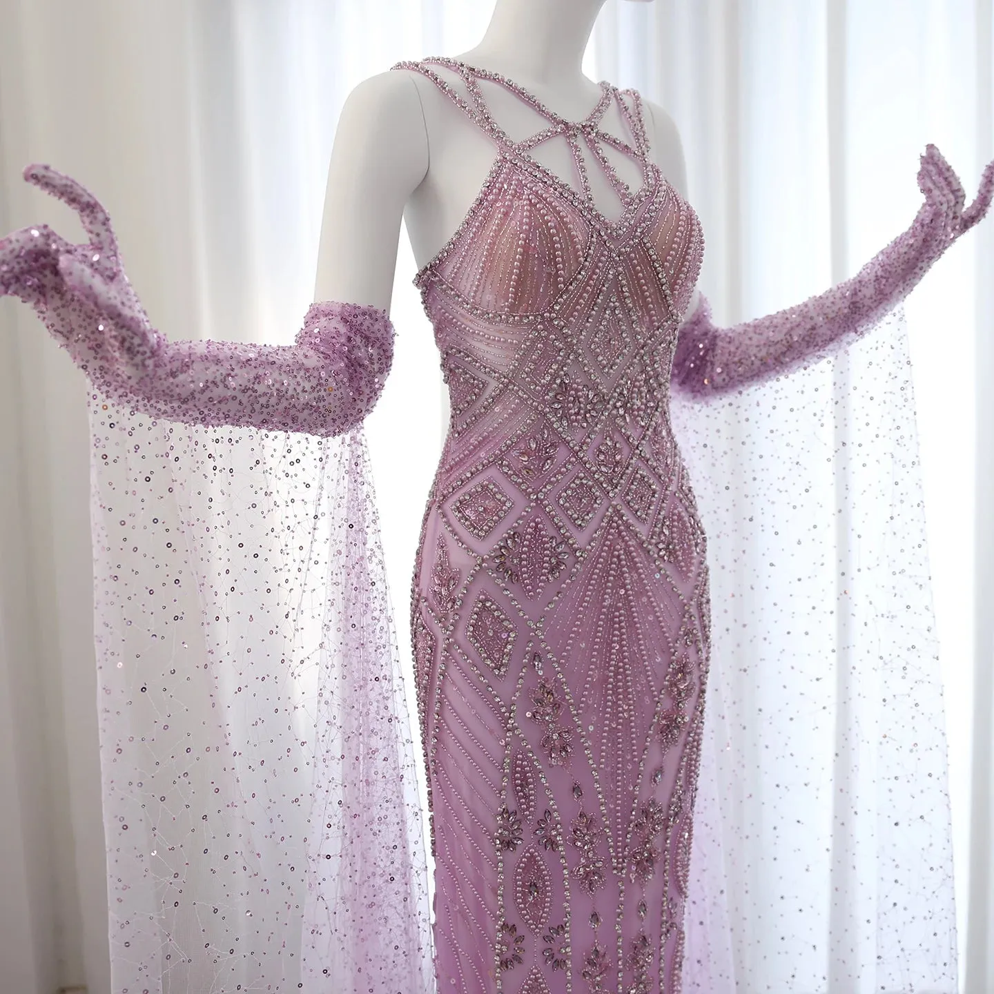 Luxury Beaded Long Dress with Gloves